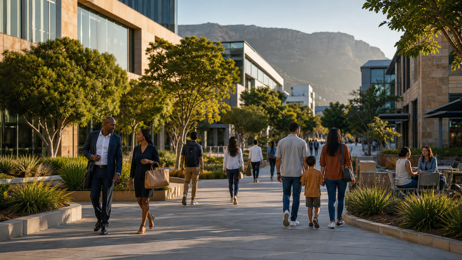 Southern Africa: urban scene with professionals and families nearby