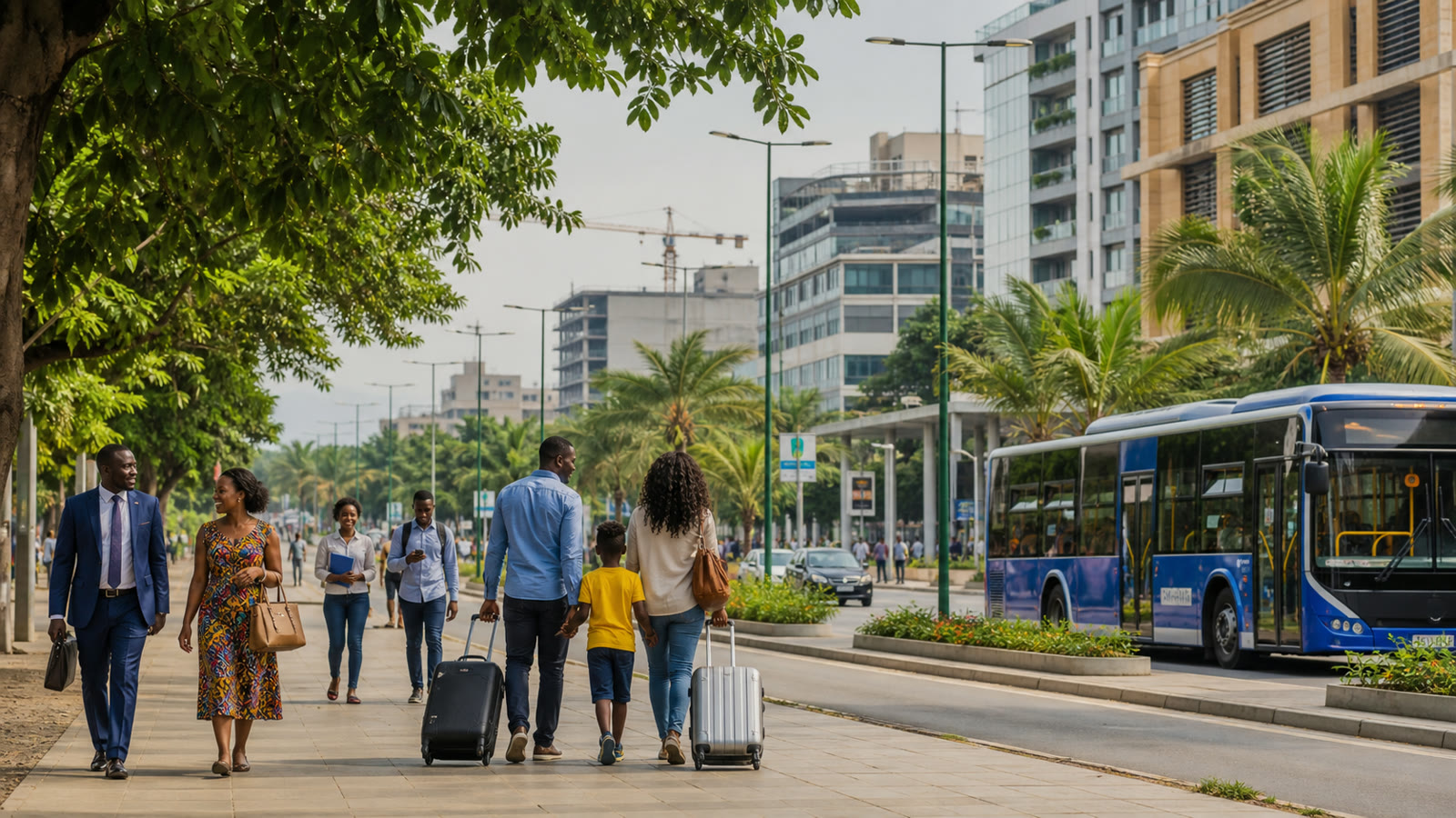 West Africa: urban scene with professionals and families nearby